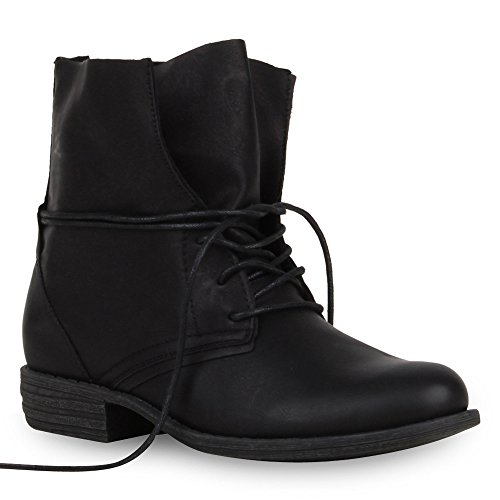 stiefelparadies Damen Stiefeletten Schnürstiefeletten Leder-Optik Schuhe Boots Kurzschaft-Stiefel Schnürboots 51290 Schwarz 36 Flandell von stiefelparadies