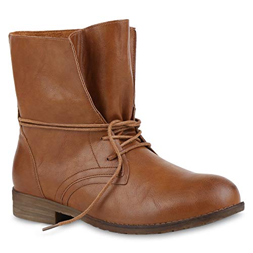 stiefelparadies Damen Stiefeletten Schnürstiefeletten Leder-Optik Schuhe Kurzschaft-Stiefel Boots Klassische Schnürboots 59677 Braun 37 Flandell von stiefelparadies