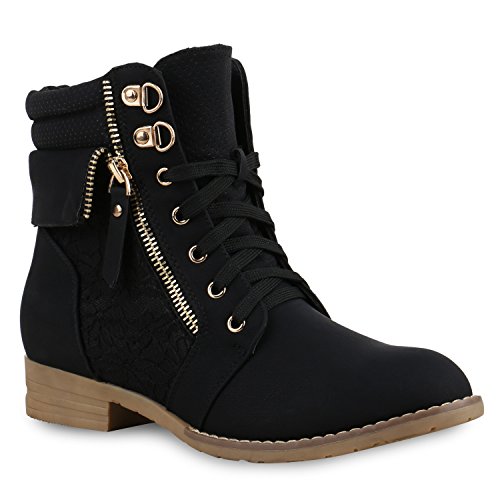 stiefelparadies Damen Stiefeletten Schnürstiefeletten Leder-Optik Schuhe Spitzenstoff Boots Zipper Schnürboots 130895 Schwarz Spitze 37 Flandell von stiefelparadies