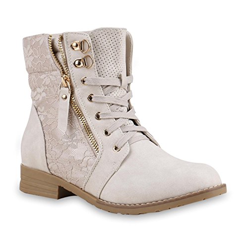 stiefelparadies Damen Stiefeletten Schnürstiefeletten Leder-Optik Schuhe Spitzenstoff Boots Zipper Schnürboots 130897 Creme Spitze 38 Flandell von stiefelparadies