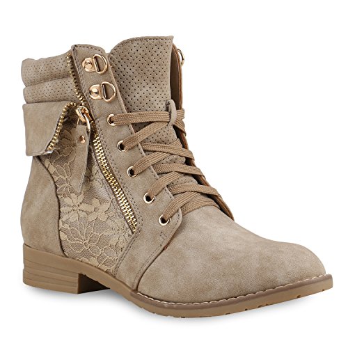 stiefelparadies Damen Stiefeletten Schnürstiefeletten Leder-Optik Schuhe Spitzenstoff Boots Zipper Schnürboots 130902 Khaki Spitze 36 Flandell von stiefelparadies