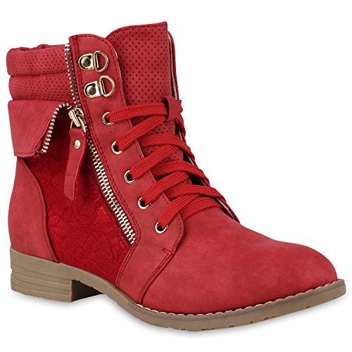 stiefelparadies Damen Stiefeletten Schnürstiefeletten Leder-Optik Schuhe Spitzenstoff Boots Zipper Schnürboots 144302 Rot Spitze 42 Flandell von stiefelparadies