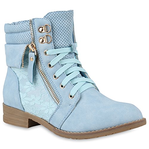 stiefelparadies Damen Stiefeletten Schnürstiefeletten Leder-Optik Schuhe Spitzenstoff Boots Zipper Schnürboots 144303 Hellblau 40 Flandell von stiefelparadies