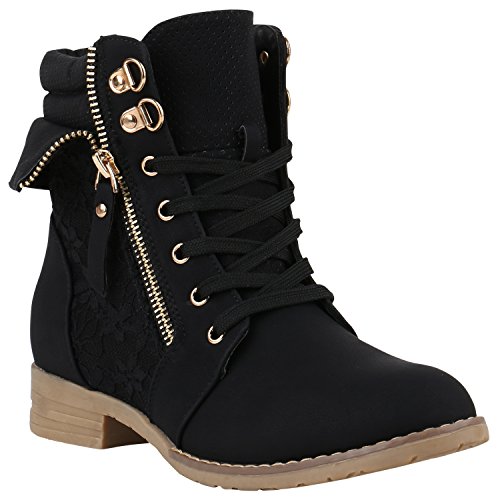 stiefelparadies Damen Stiefeletten Schnürstiefeletten Worker Boots Zipper Schuhe 142053 Schwarz Autol 41 Flandell von stiefelparadies