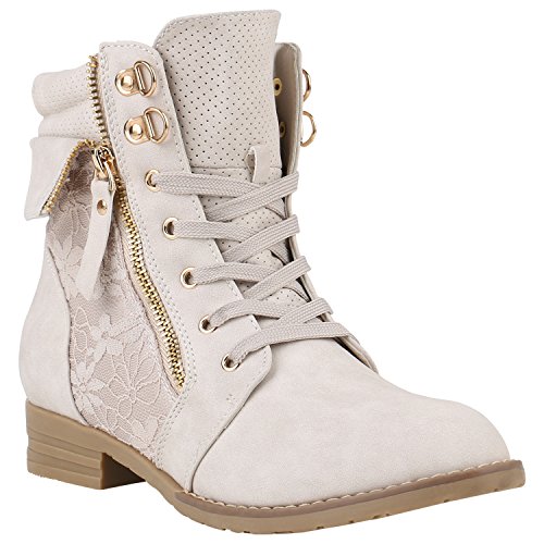 stiefelparadies Damen Stiefeletten Schnürstiefeletten Worker Boots Zipper Schuhe 142055 Creme Autol 39 Flandell von stiefelparadies