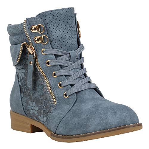 stiefelparadies Damen Stiefeletten Schnürstiefeletten Worker Boots Zipper Schuhe 142057 Blau Autol 36 Flandell von stiefelparadies