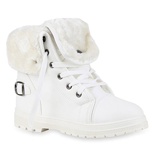 stiefelparadies Damen Worker Boots Warm gefüttert mit Blockabsatz Schuhe 127190 Weiss Brito 38 Flandell von stiefelparadies