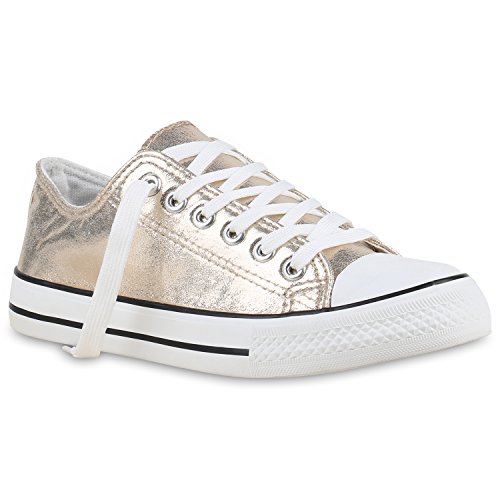 stiefelparadies Glitzer Damen Sneakers Sneaker Low Metallic Schnürer Denim Flats Turn Sport Schuhe 132020 Gold Weiss 36 Flandell von stiefelparadies