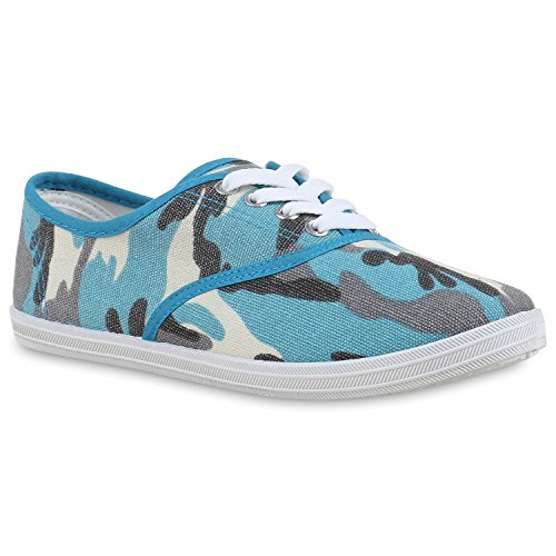 stiefelparadies Sportliche Damen Herren Sneakers Unisex Basic Freizeit Schnürer Stoff Prints viele Farben Schuhe 132383 Camouflage Blau 36 Flandell von stiefelparadies