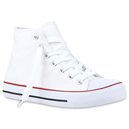 stiefelparadies Sportliche Damen Sneakers High Top Freizeit Turn Schuhe 114401 Weiss Rot 38 Flandell von stiefelparadies