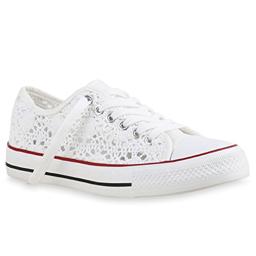 stiefelparadies Sportliche Damen Sneakers Metallic Schnürer Sneaker Low Spitze Blumen Denim Stoff Flats Schuhe 142137 Weiss Rote Streifen 38 Flandell von stiefelparadies