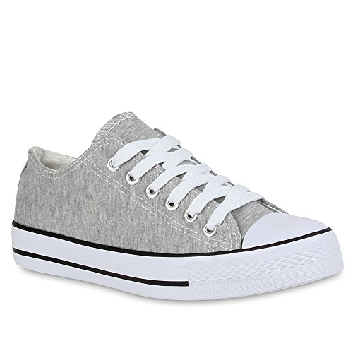 stiefelparadies Sportliche Damen Sneakers Metallic Schnürer Sneaker Low Spitze Turn Blumen Denim Stoff Flats Schuhe 50957 Hellgrau 38 Flandell von stiefelparadies