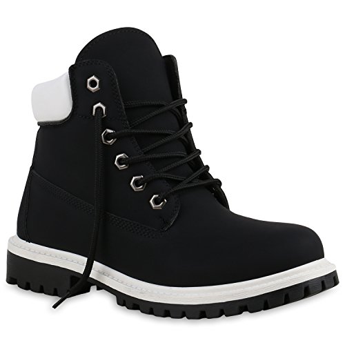 stiefelparadies UNISEX Damen Herren Boots Bequeme Worker Boots Profilsohle Outdoor Schuhe 137313 Schwarz Weiss Brooklyn 38 Flandell von stiefelparadies