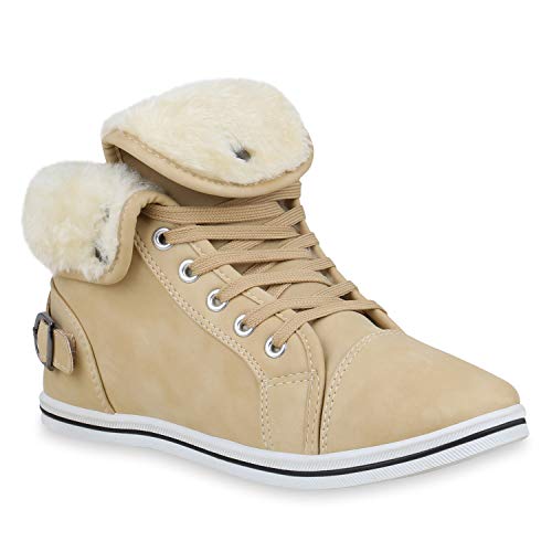 stiefelparadies Warm Gefütterte Sneakers Damen Sneaker High Kunstfell Winter Gesteppte Flats Winter Sport Schnürer Übergrößen Schuhe 110035 Creme 36 Flandell von stiefelparadies