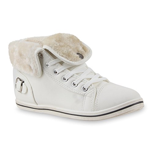 stiefelparadies Warm Gefütterte Sneakers Damen Sneaker High Kunstfell Winter Gesteppte Flats Winter Sport Schnürer Übergrößen Schuhe 111770 Weiss 41 Flandell von stiefelparadies