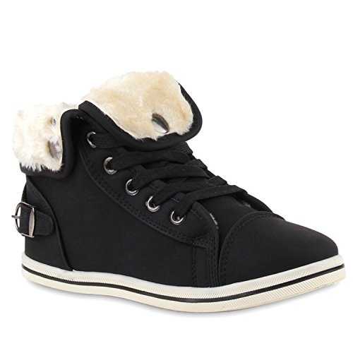 stiefelparadies Warm Gefütterte Sneakers Damen Sneaker High Kunstfell Winter Gesteppte Winter Sport Schnürer Übergrößen Schuhe 110034 Schwarz 38 Flandell von stiefelparadies