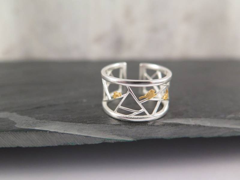 925 Sterling Silber Ring - Origami Gitter Mit Vogel + Blüten Bandring Teilvergoldet Verstellbar Geschenk Liebe Himmel Tierring Vögel Luft von stilkomplex