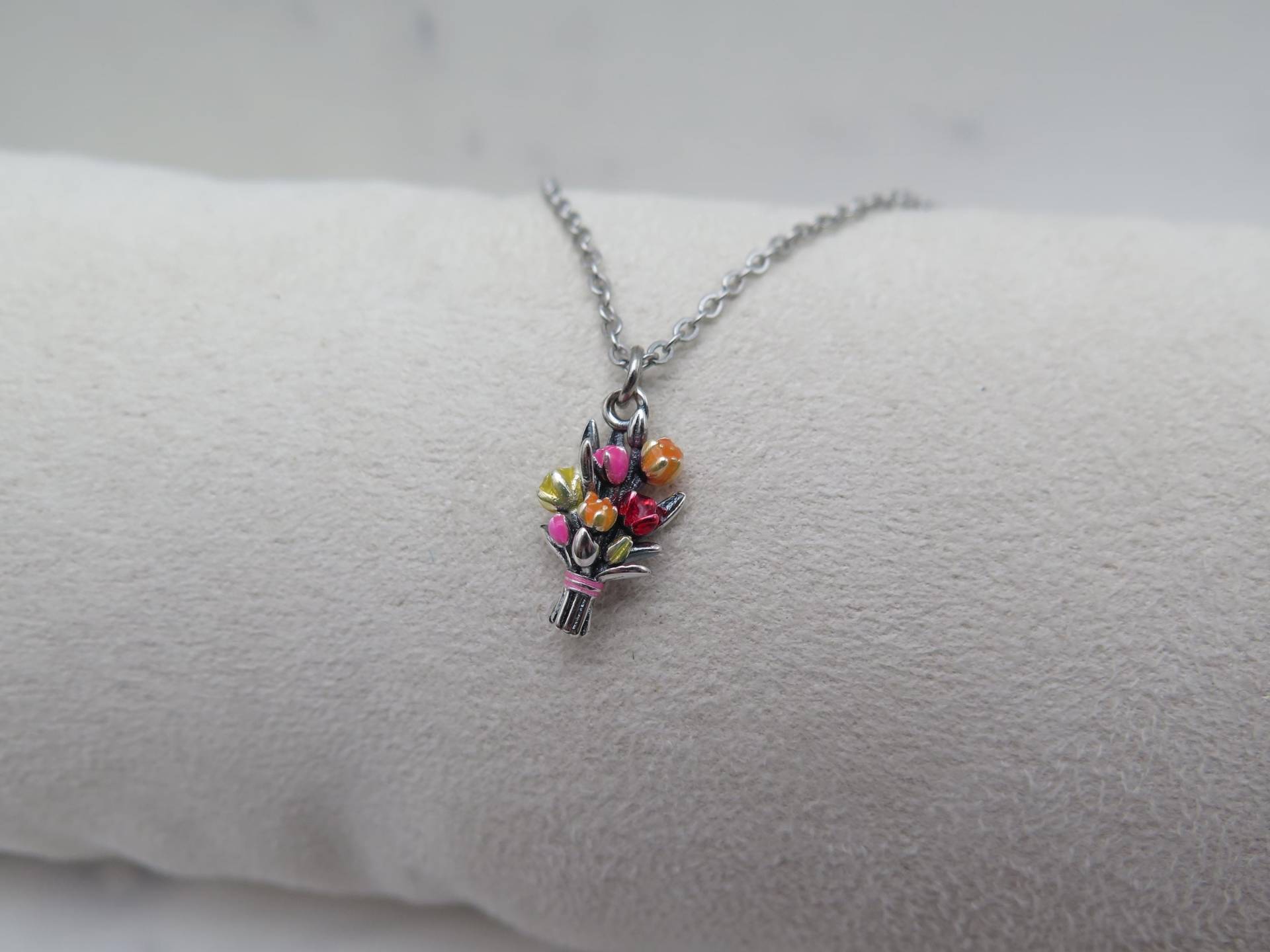 Kette - Blumenstrauß Bunt Emaille Versilbert Tulpen Halskette Geschenk Natur Frühling Sommer Liebe Garten Blüte Rosa Rot Gelb Orange Edel von stilkomplex