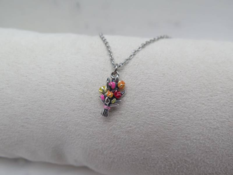 Kette - Blumenstrauß Bunt Emaille Versilbert Tulpen Halskette Geschenk Natur Frühling Sommer Liebe Garten Blüte Rosa Rot Gelb Orange Edel von stilkomplex