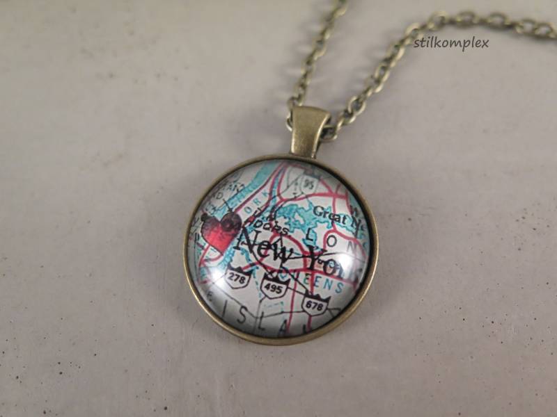 Kette - Stadtkarte New York Herz Amerika Bronzefarben Karte Stadt Reise Urlaub Weltreise Map Freiheitsstatue Usa Nyc Land Liebe Fernweh von stilkomplex