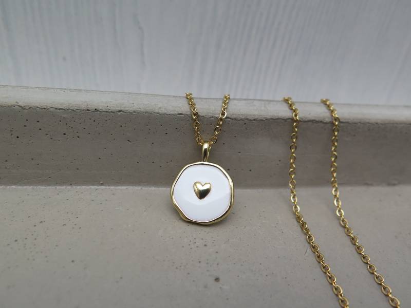 Kette - Weiss Emaille Mit Herz Vergoldet Halskette Liebe Glück Freundschaftskette Hochzeit Schmuck Boho Tolles Geschenk Herbst Braut Trend von stilkomplex