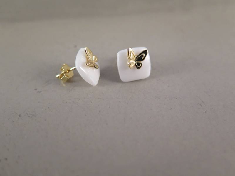 Ohrstecker 925 Sterling Silber - Vergoldeter Schmetterling Auf Ceramikplatte Weiss Naturschmuck Ohrringe Geschenk Liebe Natur Schmuck Gold von stilkomplex