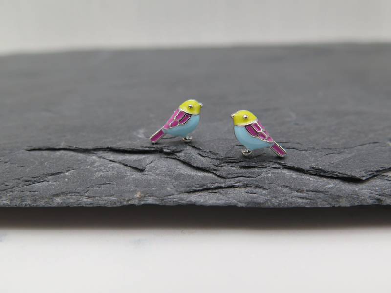 Ohrstecker - Bunter Vogel Emaille Blau Gelb Rosa Rot 3D Optik Versilbert Geschenk Schmuck Tier Liebe Ohrringe Tierschmuck Freundin Fein von stilkomplex