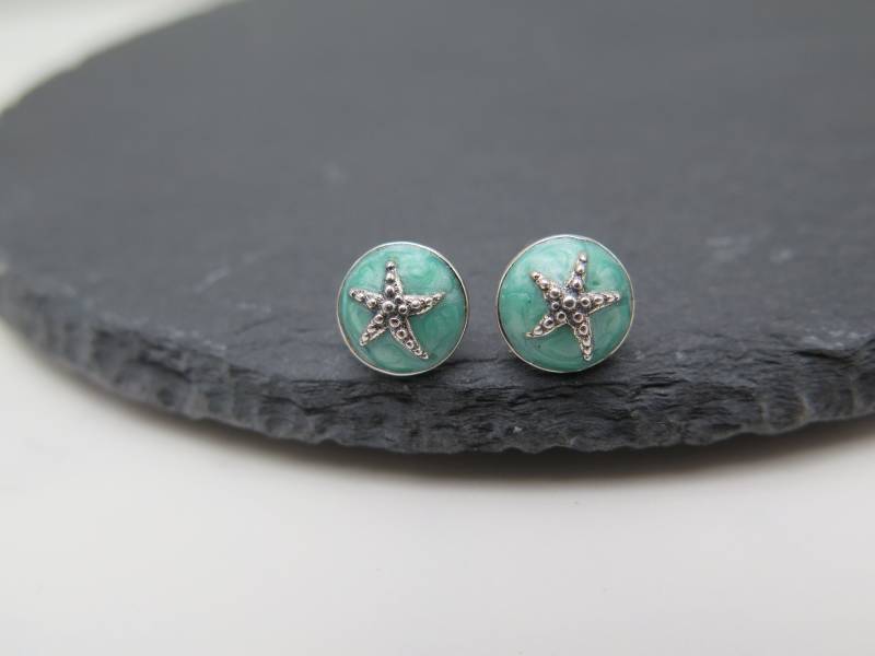 Ohrstecker - Seestern Auf Einer Halbkugel Emaille Türkis Grün Versilbert Schmuck/Maritim Strand Wasser Urlaub Geschenk Liebe von stilkomplex