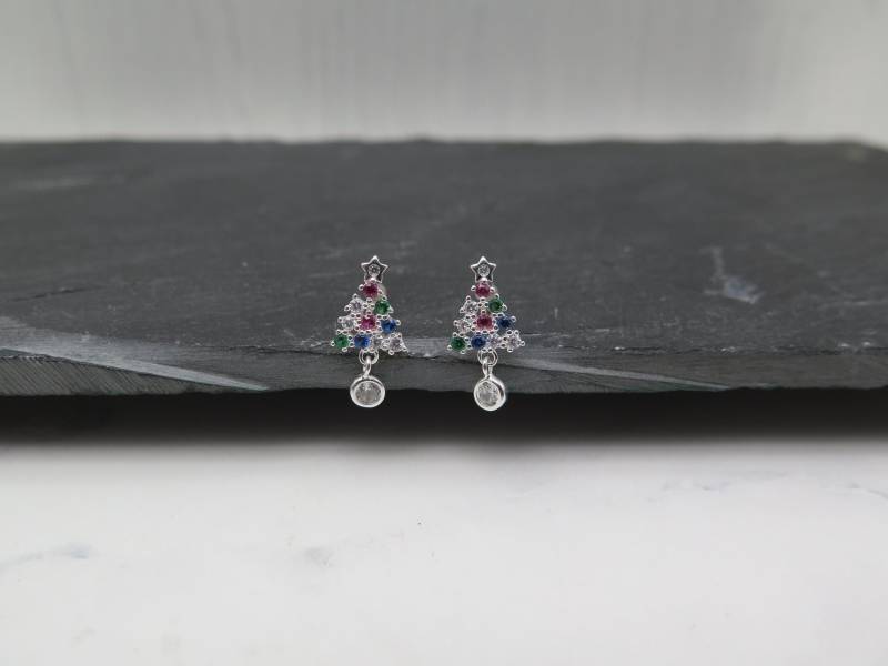 Ohrstecker Weihnachten - Weihnachtsbaum Stern + Hänger Edel Versilbert Glitzer Kristalle Tannenbaum Winter Sterne Liebe Geschenk Bunt Süß von stilkomplex