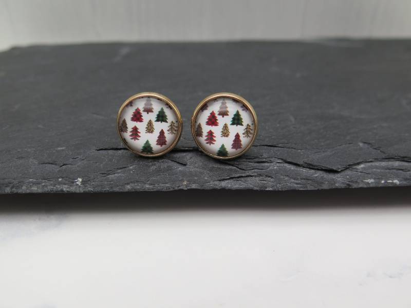 Ohrstecker Weihnachten - Weihnachtsbaum Tannenbaum Muster Karo Goldfarben Rot Braun Grün Leopardenmuster Ohrringe Advent Winter Schmuck von stilkomplex