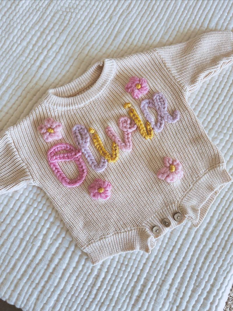 Hand Bestickter Strickpullover Strampler Für Babys | Baby Krankenhaus Outfit Benutzerdefinierte Pullover Meilenstein 1.geburtstag & Andenken von stitchedxSS
