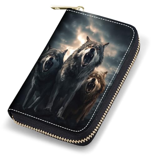 stmedazm Kreditkartenetui für Damen, RFID-blockierend, kleines Leder-Kartenetui mit Reißverschluss, Akkordeon-Brieftaschen, Wolf unter dem Mond, stm-Kartenetui-019 von stmedazm