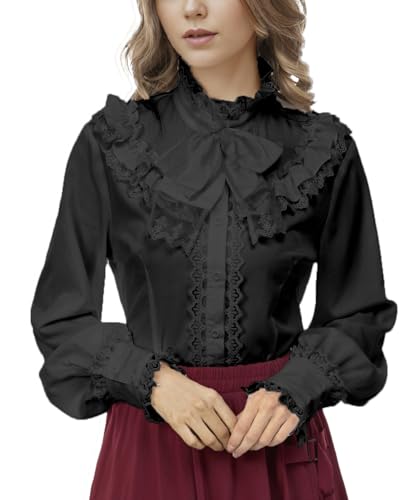 Viktorianische Damenbluse, langärmelig, Stehkragen, Lotus-Rüschen, mittelalterliches Gothic-Top, Schwarz, 3X-Groß von stmoitz