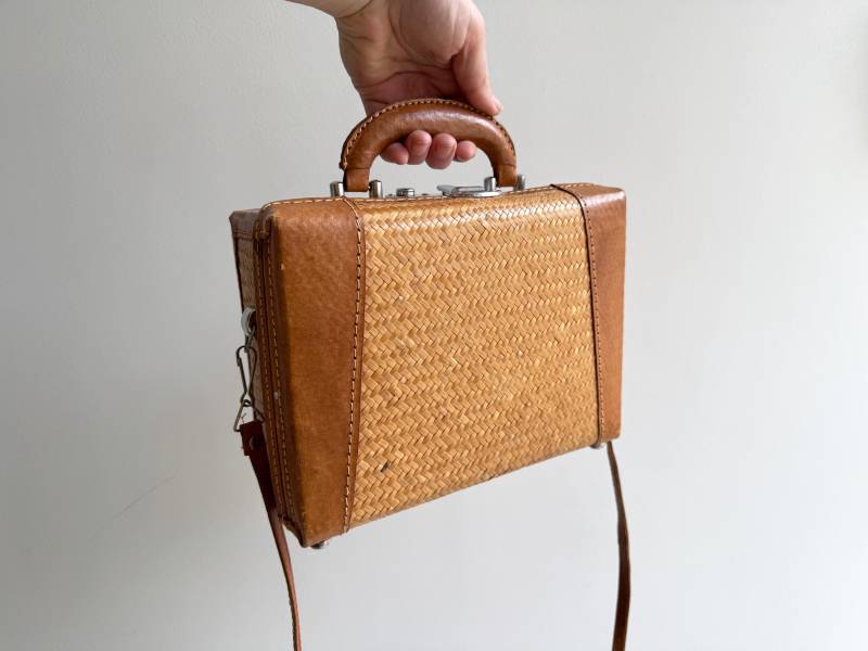 Vintage Cognac Leder & Rattantasche Aktentasche Mit Schultergurt - Mit Schlüssel von stoelenmeisje