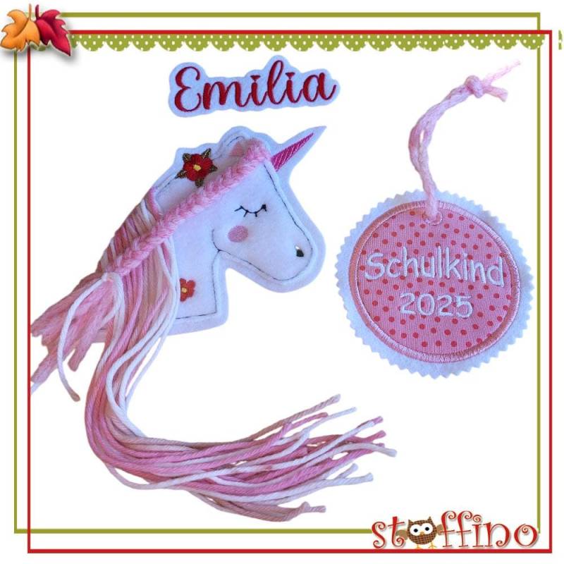 3 Tlg. Set Schulkind 2025 Applikation Einhorn Mit Wollmähne, Wunschname, Pony Button Anhänger Schultüte Taschen Diy-Projekte Einschulung von stoffino