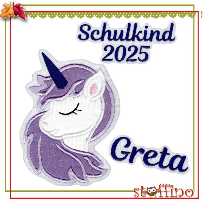 3 Tlg. Set Zur Einschulung Applikation Einhorn Wunschname Schulkind 2026 von stoffino