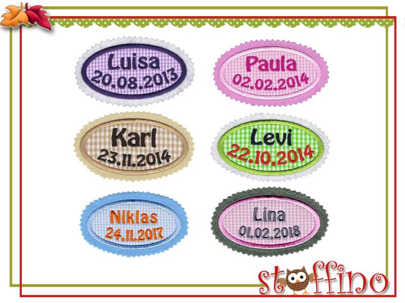 Applikation Aufnäher 2-Zeilig M. Name + Datum von stoffino