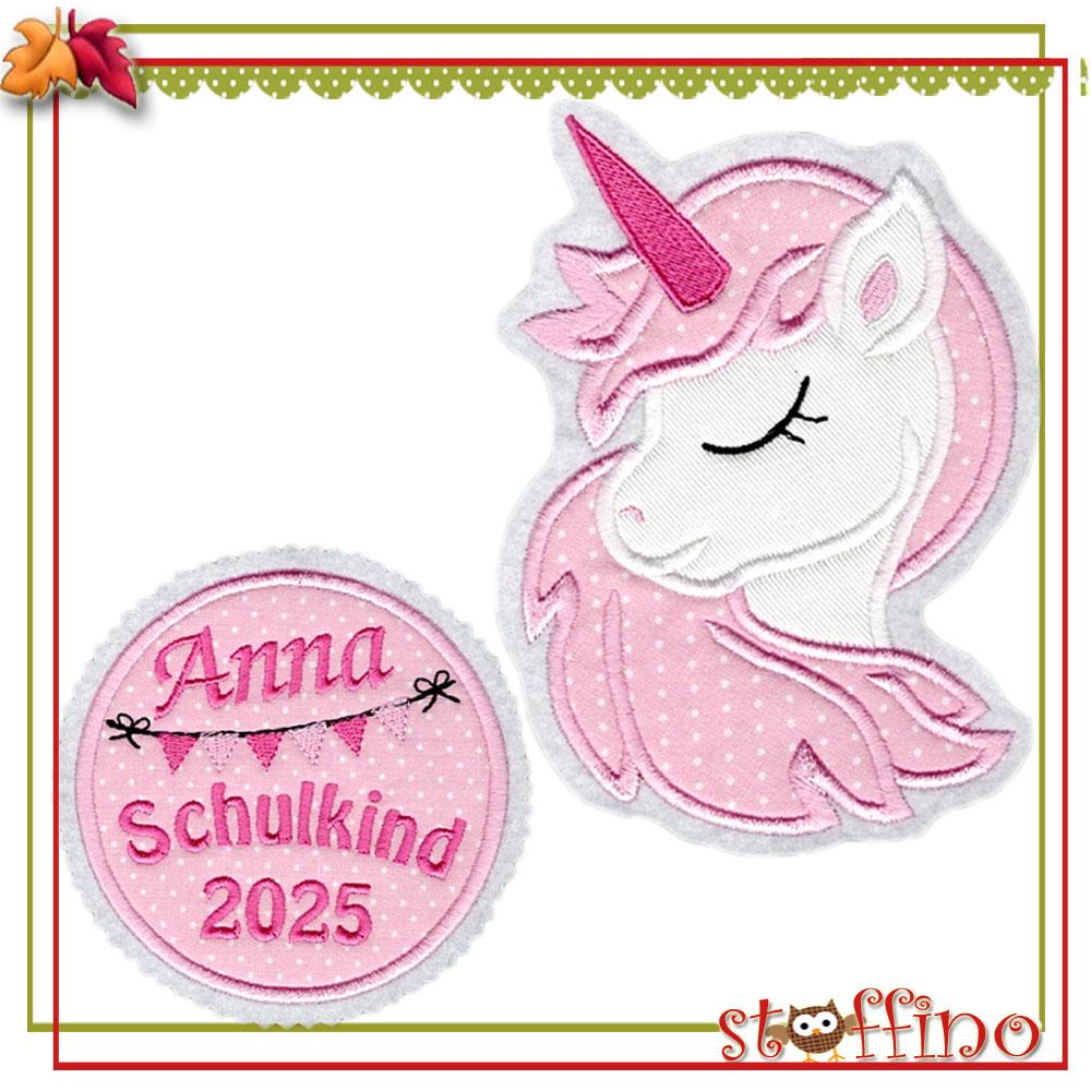 Applikation Einhorn 2 Tlg. Set Zur Einschulung Schultüte Wunschname Schulkind 2026 von stoffino