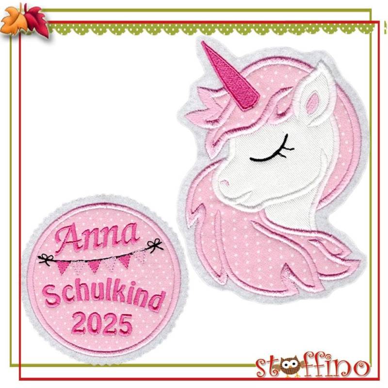 Applikation Einhorn 2 Tlg. Set Zur Einschulung Schultüte Wunschname Schulkind 2026 von stoffino