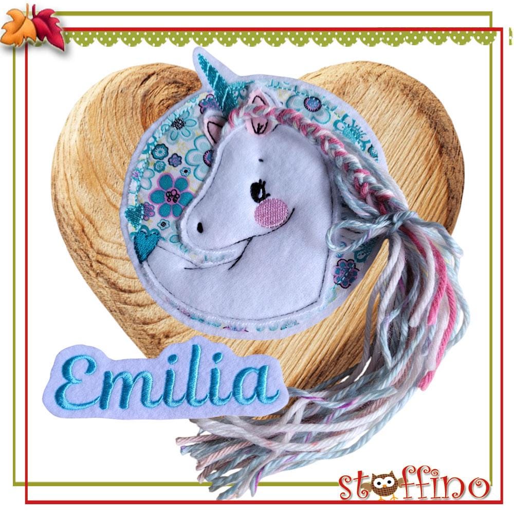 Applikation Set Einhorn Mit Wollmähne Und Wunschname Pony Aufnäher Button Für Schultüte Taschen Diy-Projekte Zur Einschulung von stoffino