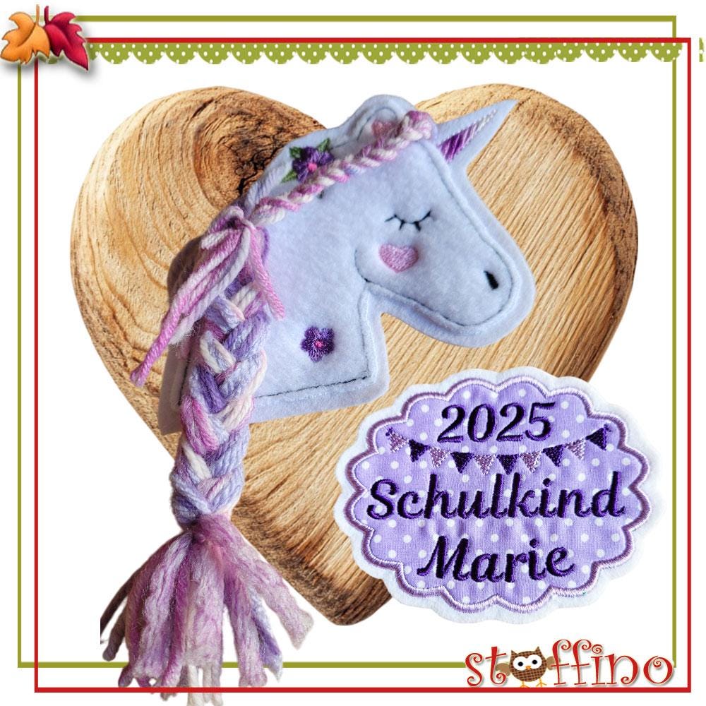 Applikation Set Schulkind 2025 Einhorn Mit Wollmähne Und Wunschname Pony Aufnäher Button Für Schultüte Taschen Diy-Projekte Zur Einschulung von stoffino
