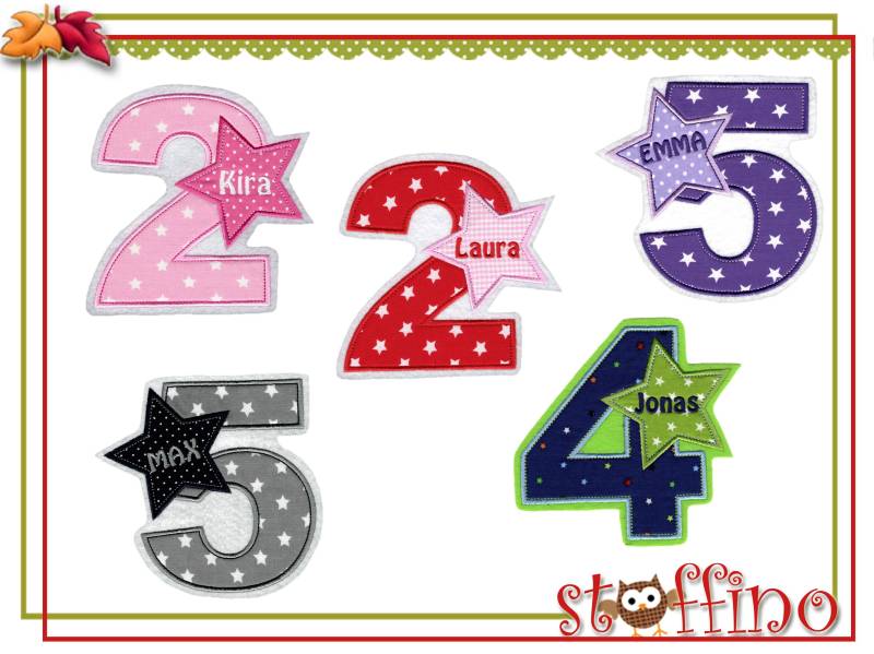 Geburtstagszahl 1 - 9 Applikation Stern Wunschname Aufnäher von stoffino