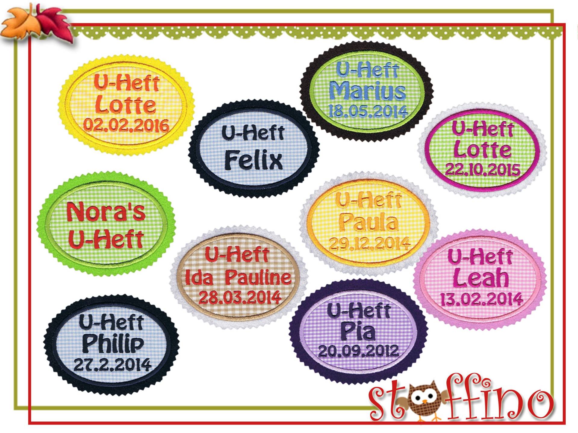 Gestickte U-Heft Applikation Mit Name Und Datum Kariert von stoffino