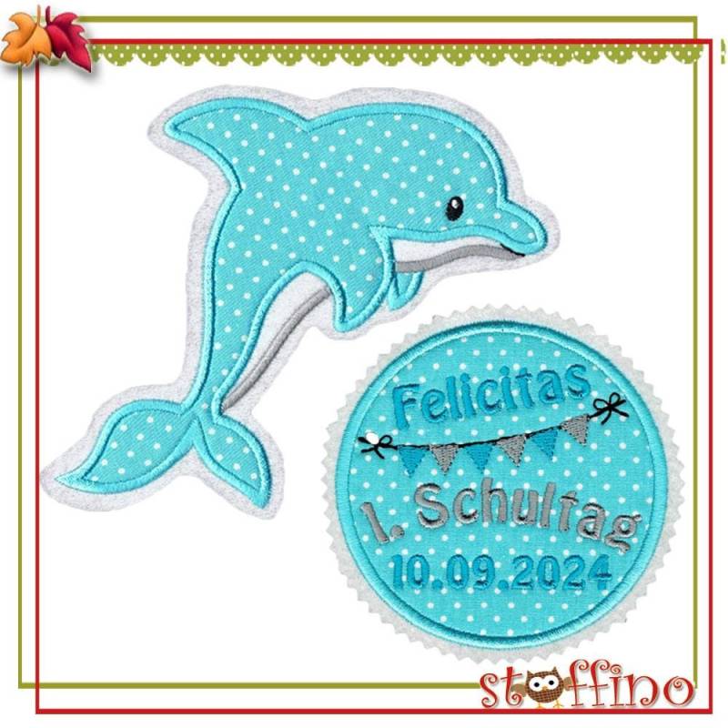 Set Zur Einschulung Applikation Delfin Aufnäher Für Die Schultüte Schulkind 2026 von stoffino