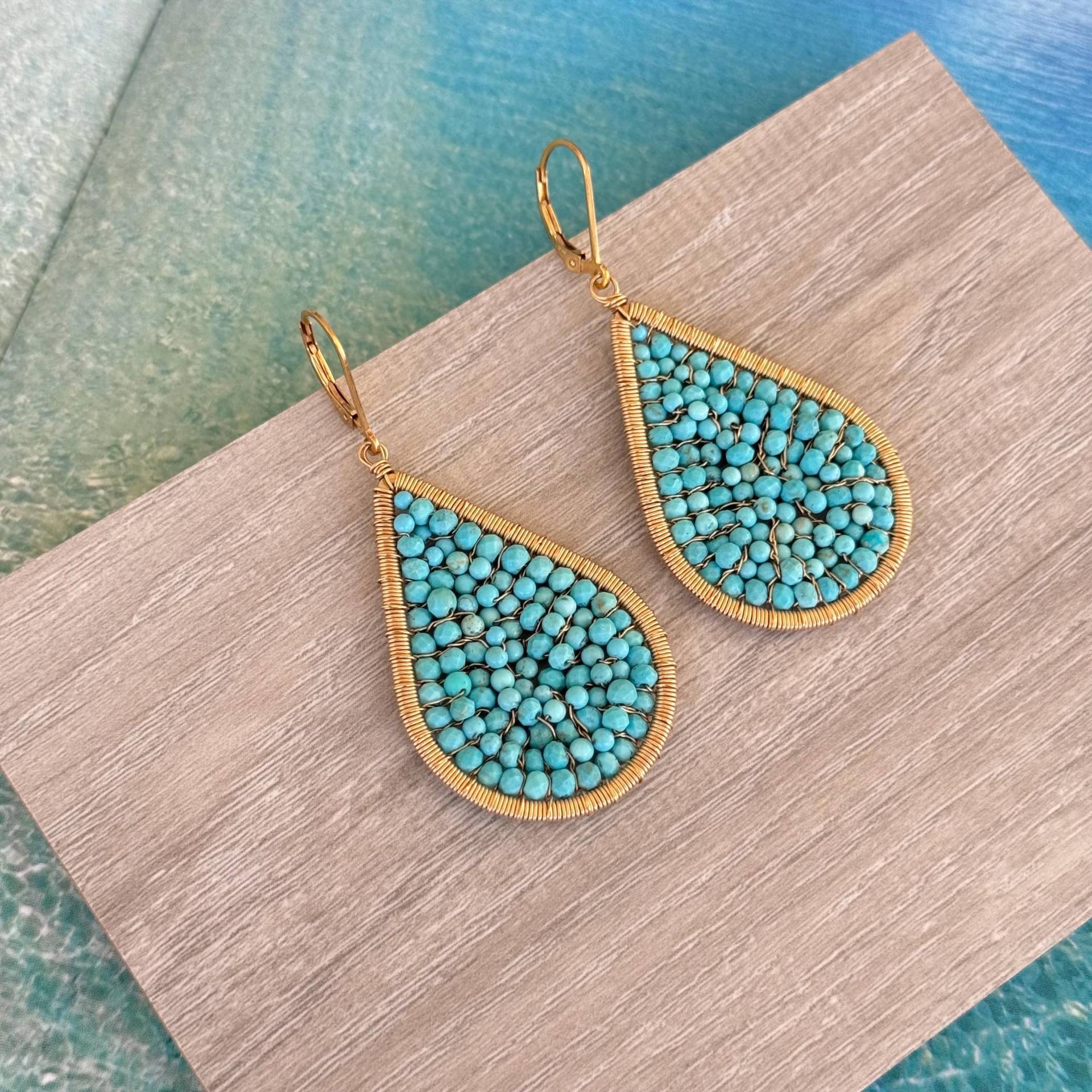 Gewebte Türkis Tropfen Ohrringe 14K Gold Filled Draht Gewickelt von stonepoetry