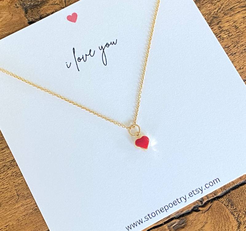 Rote Emaille Herz Kette 14K Gold Charm, Zierliche Schmuckstücke von stonepoetry