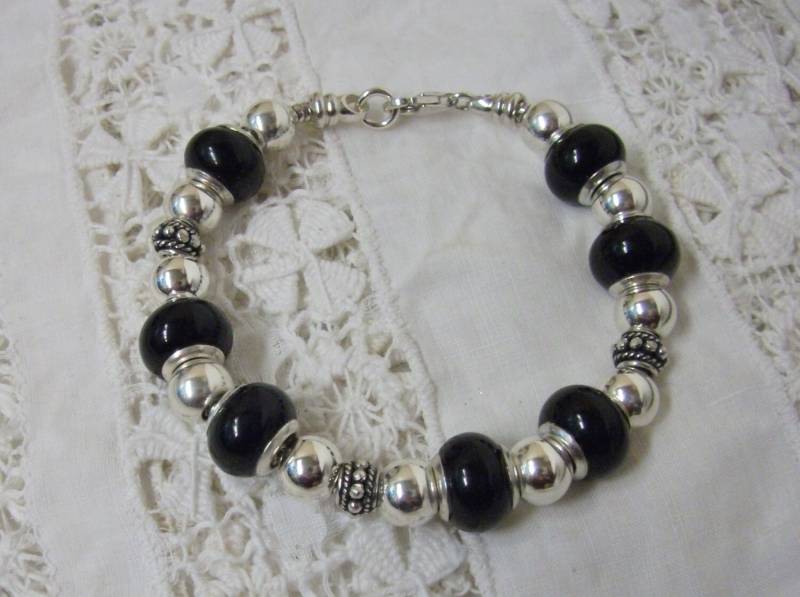 925Er Und Schwarzer Achat European Style Bettelarmband von stonesnshells