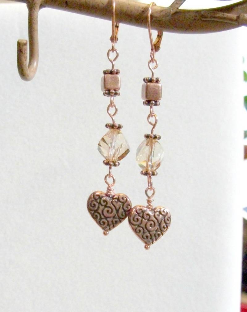 Kupfer Herzen Und Kristall Ohrringe von stonesnshells