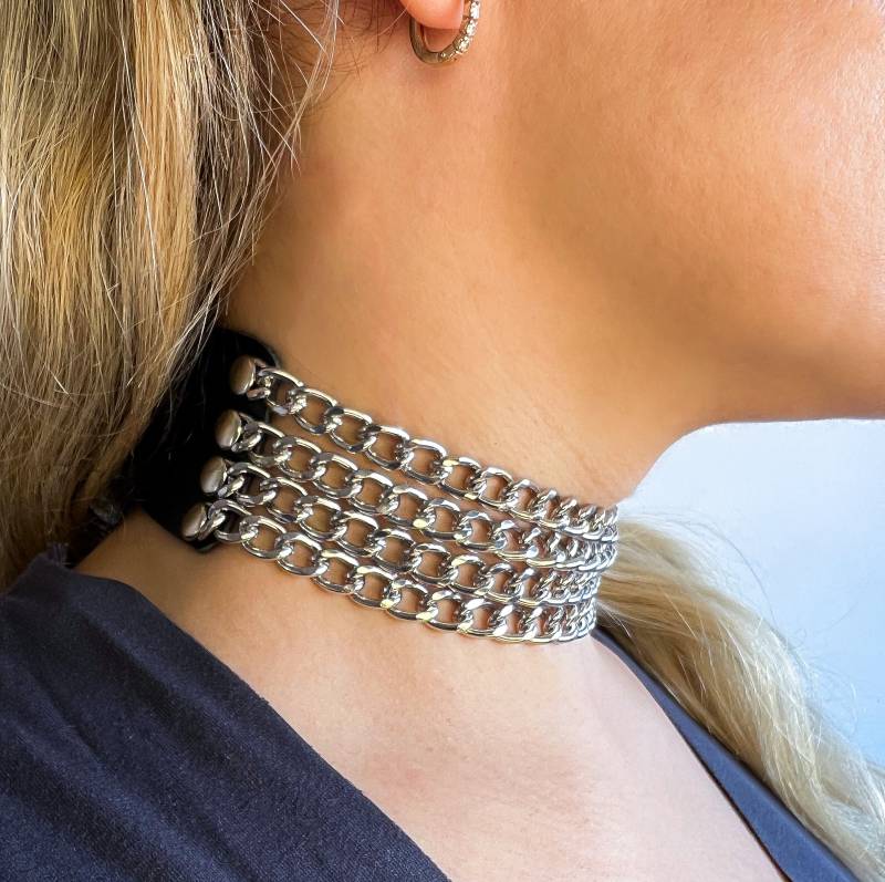 Breites Lederhalsband Mit 4 Reihiger Kette von storeVL