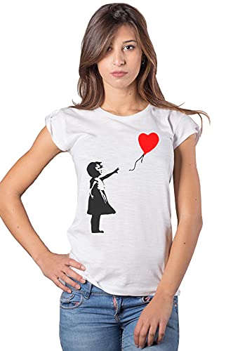 Mädchen mit Luftballon Banksy 3500 Mode Urban Slub Lady Damen 100% Baumwolle geflammt, Regular, Bambina con Palloncino di Banksy 3500, Weiß, Bambina con Palloncino di Banksy 3500 Large von street style